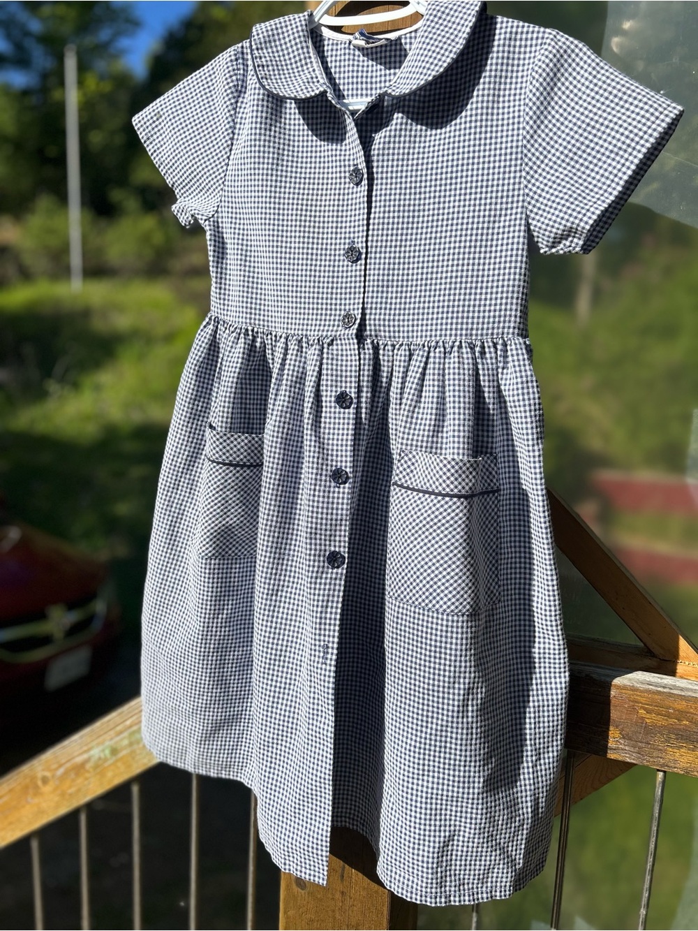 Vintage Girls' Navy and White Gingham Button-Front Dress • 10
